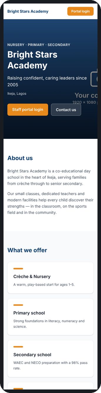The same school website on a phone.