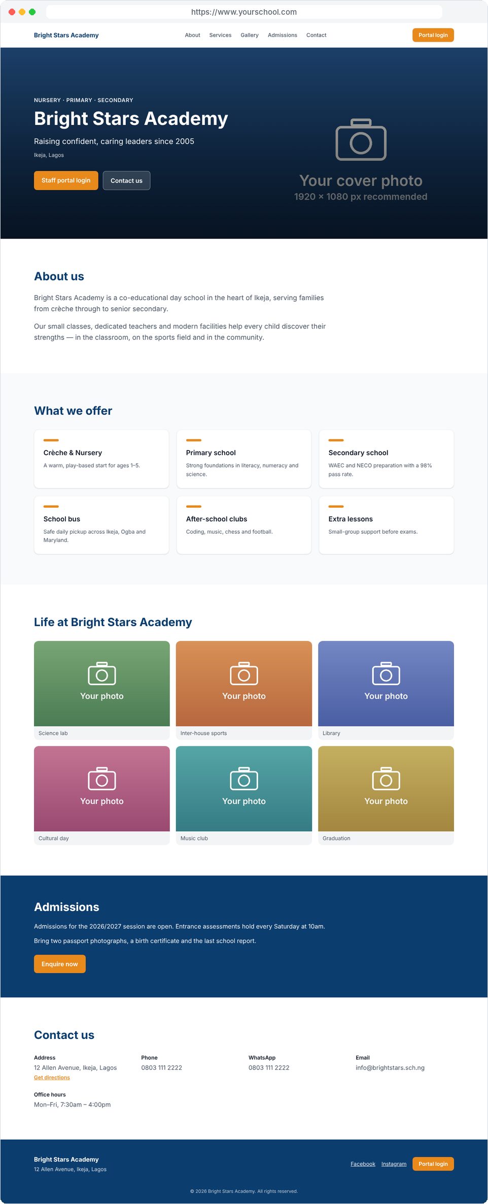 Example school website: cover photo with the school name and a staff portal login button, then About us, What we offer, a photo gallery, Admissions and Contact us.